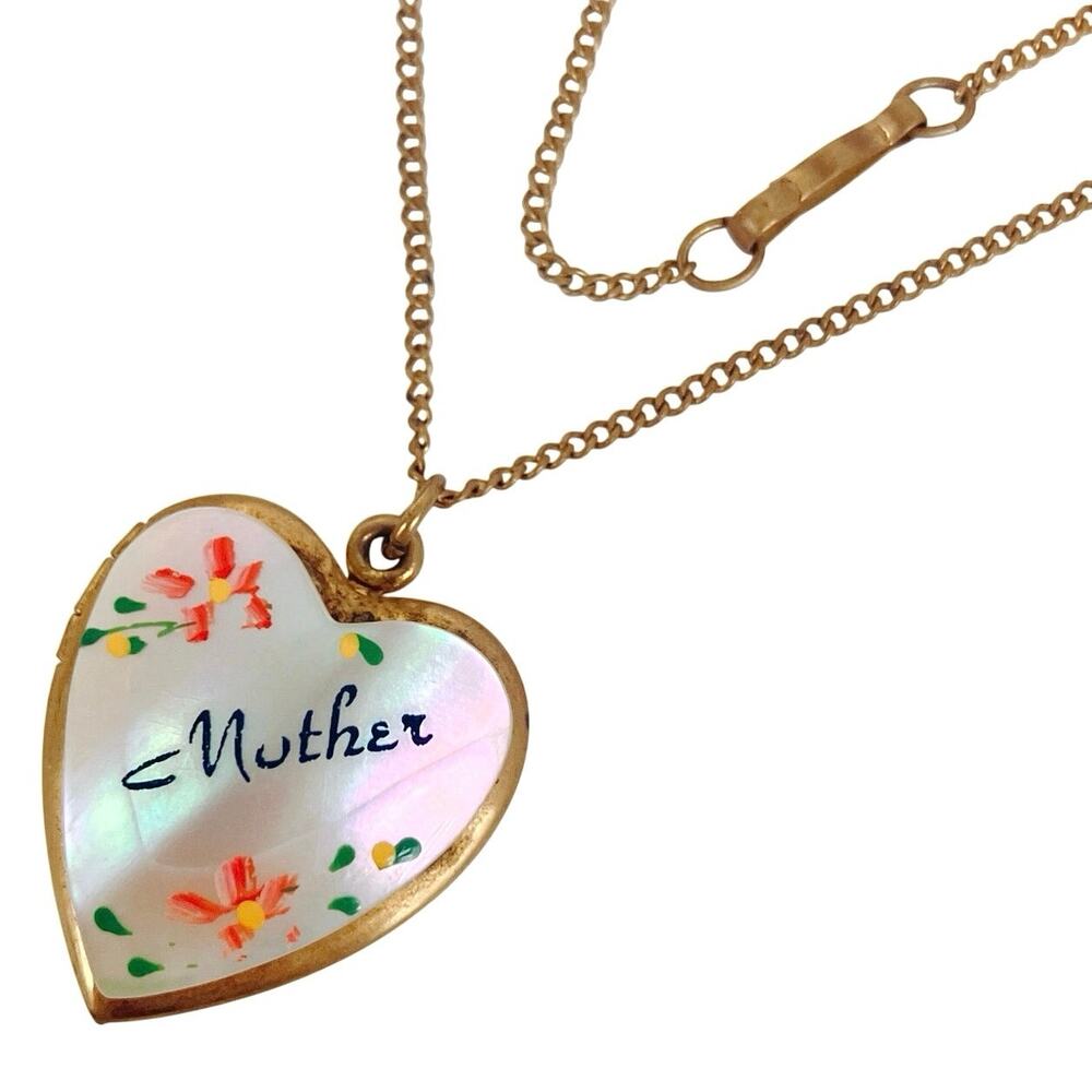 Vintage Mother of Pearl Heart Photo Locket Necklace 50s Hand Painted Mom Gift
